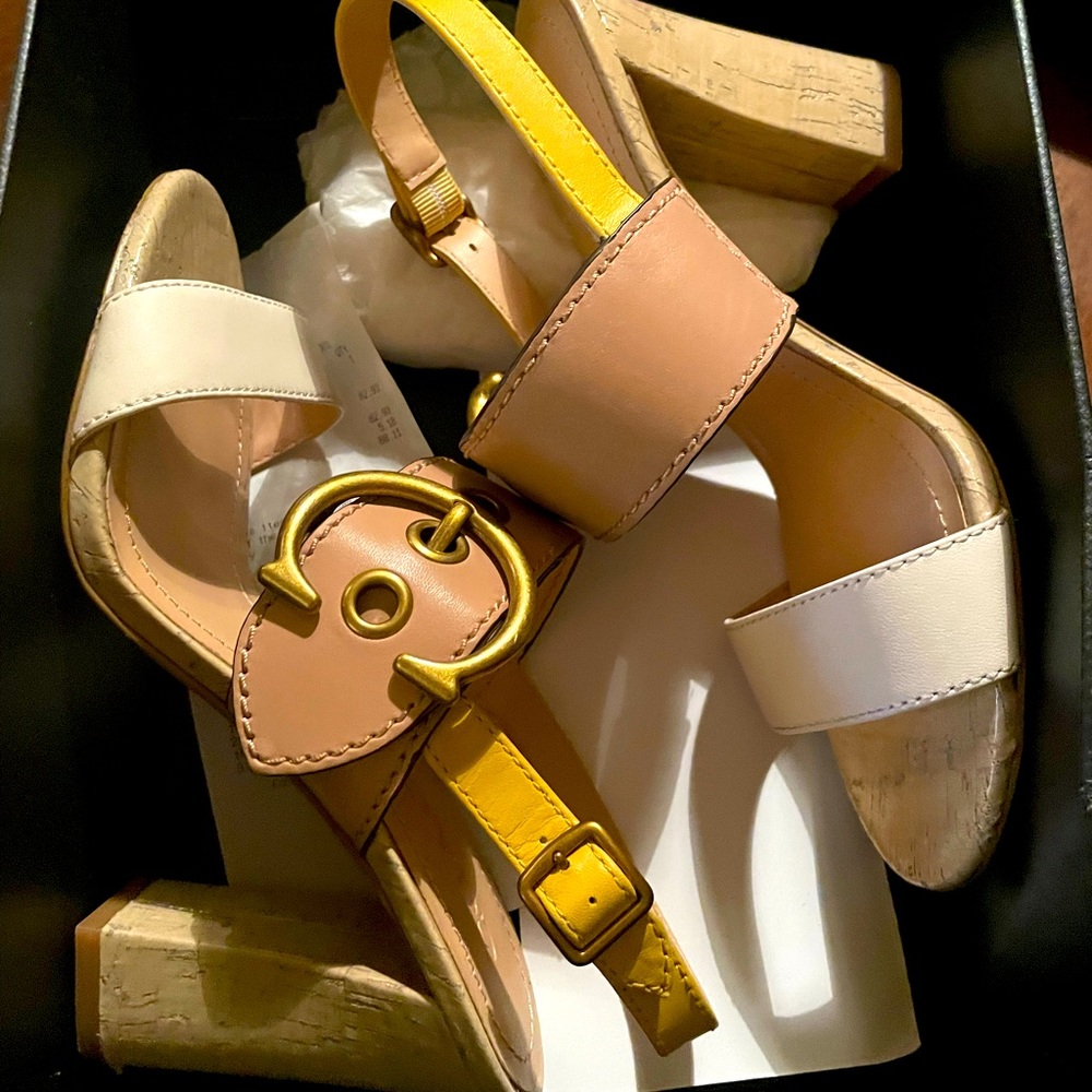 Yellow, White, and gold Coach sandal heel ONLY Worn Once!
